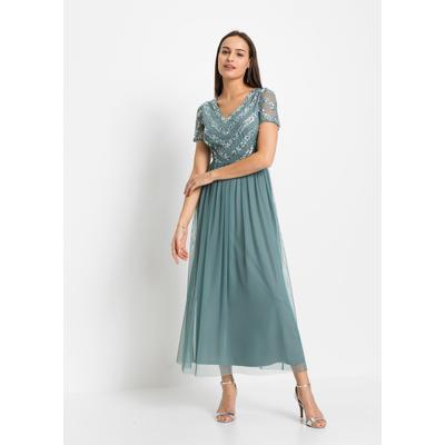 Maxikleid BONPRIX, Damen, Gr. 36, N-Gr, Kurzarm, blau (rauchpetrol), Obermaterial: 100% Polyester. Futter: 100% Polyester, festlich, schmal, Kleider Maxikleid, für festliche Anlässe, aus Polyester, schmale Passform, aus Tüll