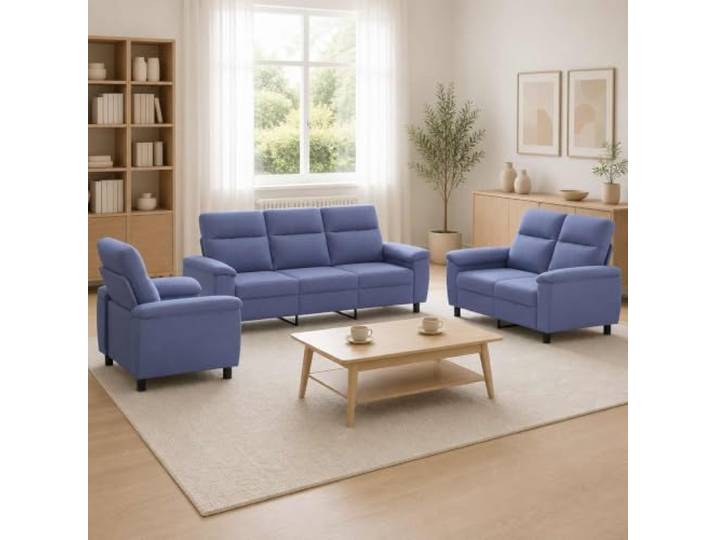 Sofa-Set 3 Pieces Jeans Blue Fabric Metallrahmen,Kissenrücken-Design,konische Kunststoffbeine,100% Polyester,leicht abwischbar