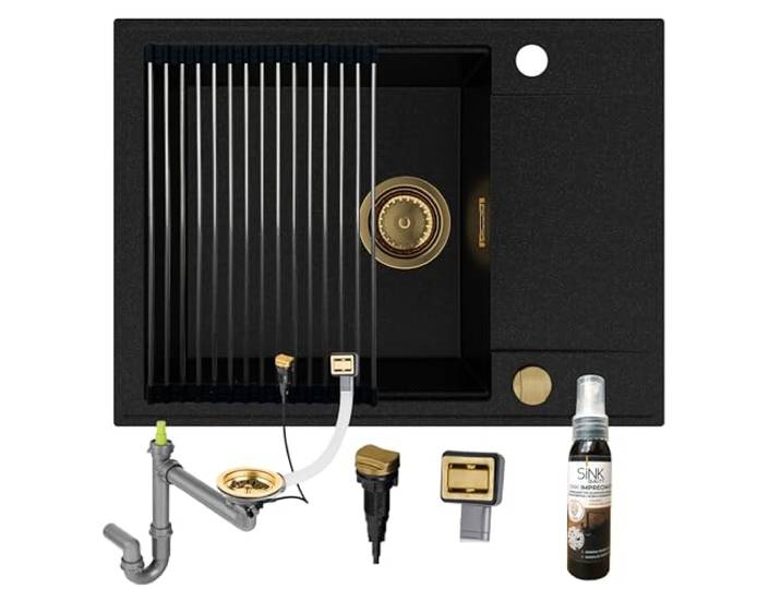 SINK QUALITY Granitspüle schwarz mit goldenen Flecken 62x46 - Spülbecken mit goldenen Siphon, Abtropfgestell, Imprägniermittel - Küchenspüle mit Abtropffläche für 55er Unterschrank