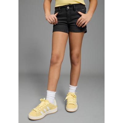 Shorts BRUNO BANANI "Stretch-Jeans Shorts mit Strass-Steinen, Glitzersterne auf Po-Tasche", Mädchen, Gr. 146, N-Gr, schwarz used, Denim/Jeans, Obermaterial: 81% Baumwolle, 17% Polyester, 2% Elasthan, unifarben mit Farbeinsatz, bequem, Hosen Shorts,...