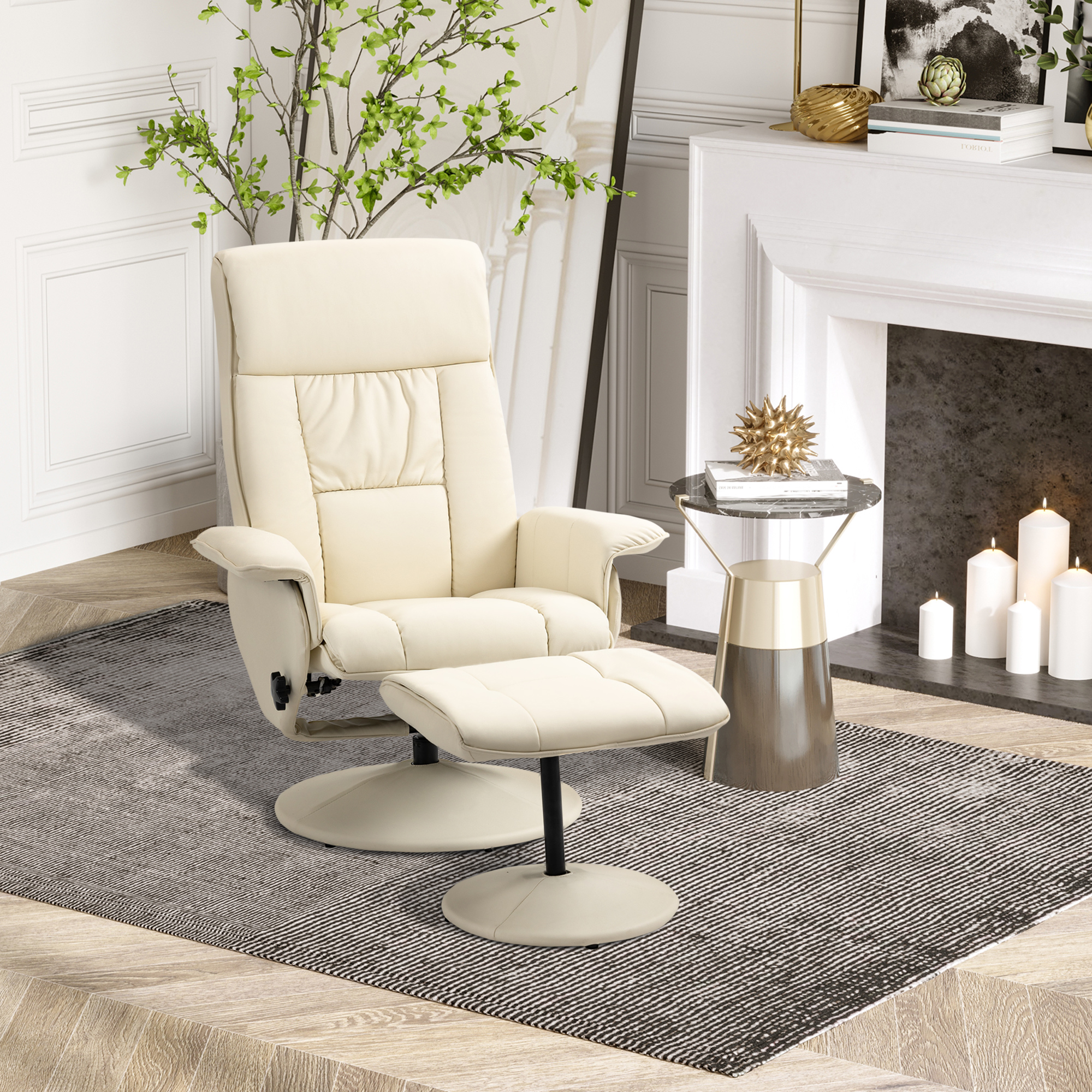 Homcom Poltrona Relax Reclinabile fino 135° con Seduta Girevole e Pouf, Poltrona con Poggiapiedi, 80x69x110cm, Crema Aosom