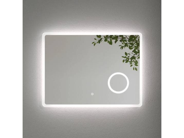 Emke Badspiegel mit Beleuchtung mit Integriertem Schminkspiegel 80/60 cm, Transparent, Glas, Mode, Rechteckig, 80x60x3.5 cm, Badezimmer, Badezimmerspiegel, Badspiegel