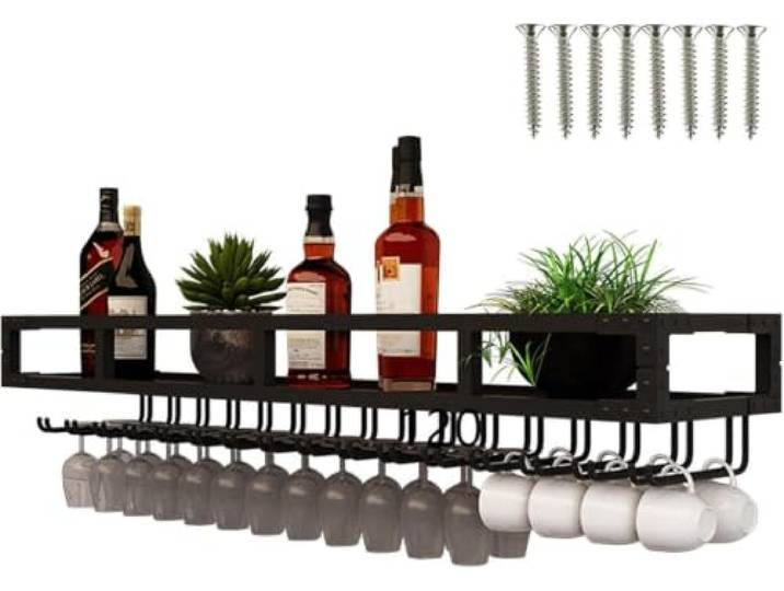LigedamaiEU Industrieller hängender Weinflaschenhalter, Weinlagerregale for zu Hause, wandmontiertes Hängeregal for die Küche, Glas-Organizer(Black,60cm)