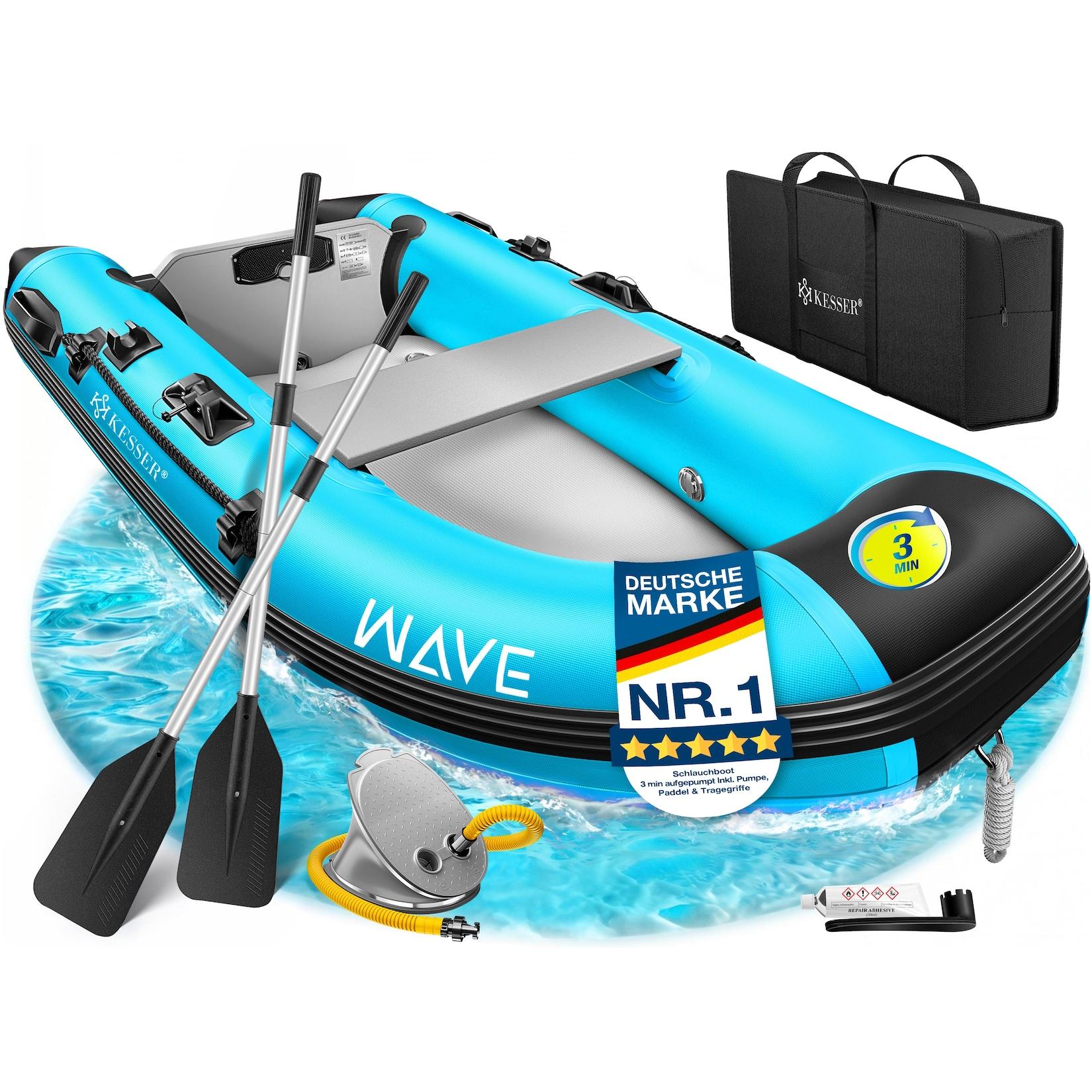 KESSER® Schlauchboot für 2 - 4 Personen - WAVE Motor geeignet Freizeitboot Paddelboot Motorboot Angelboot - mit 1 - 2 Sitzbänken - Alu-Boden Paddel Pumpe Reparaturset & Tasche aufblasbar PVC