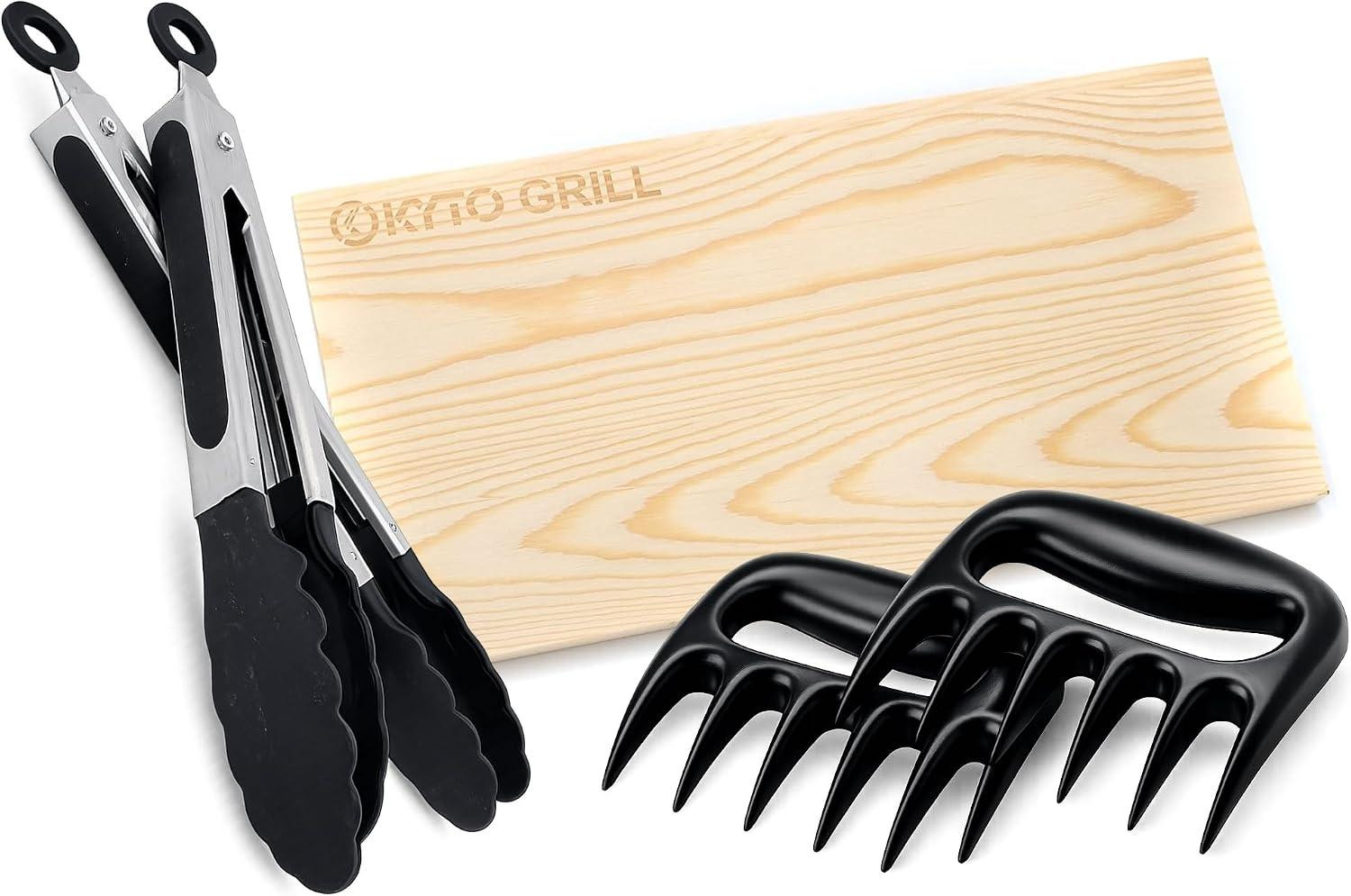 3-delige BBQ accessoires set met vleesklauwen, grilltangen van 34 cm en 27 cm en rookplank van 30 x 15 cm