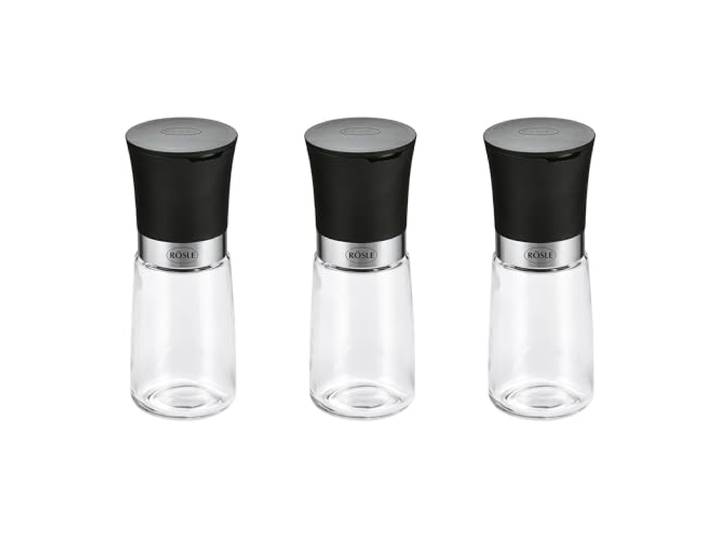 RÖSLE Gewürzmühlen-Set 3-tlg, Hochwertige Salz- und Pfeffermühlen mit Keramikmahlwerk für alle Arten von Gewürzen, Glasbehälter, 14 cm, Transparent / Schwarz