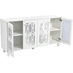 Sideboard 160x40x84 cm Weiß mit 4 Türen, Glasgriffen, Spiegeloberfläche, Massivholzfüßen, verstellbares Regal, Aufbewahrungsschrank