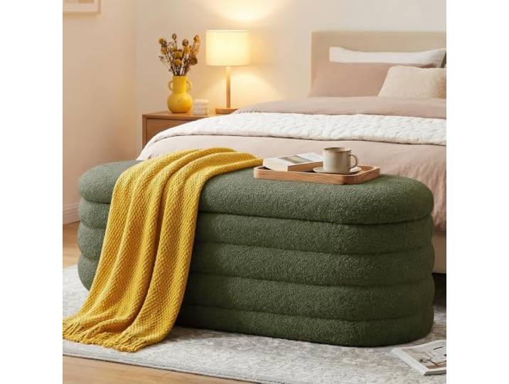 Ckaff Sitzbank mit Stauraum 115cm, Sitzbank mit Beinen, Oval, Aufbewahrungsbox, bis 300 kg belastbar, Gepolstert, mit Stauraum, Schlafzimmer, Flur, Polsterhocker, Sherpa, Grün