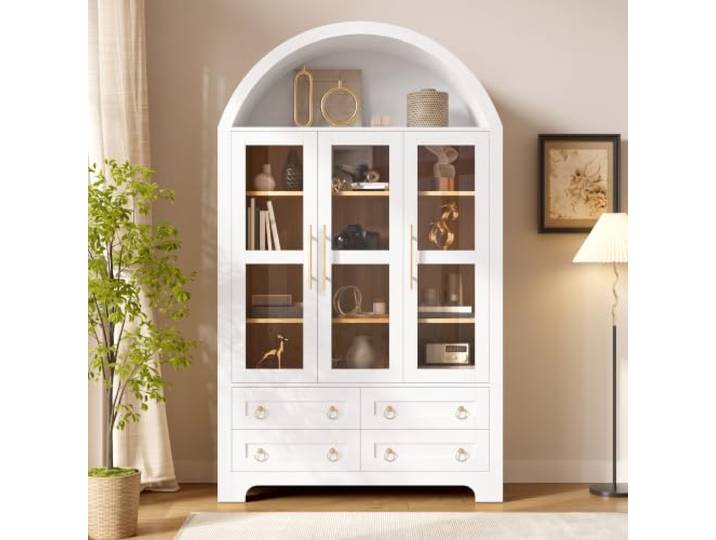 Merax Sideboard 110x40x185 cm mit 3 Glastüren, 4 Schubladen & Rundbogen-Fach – Weiß
