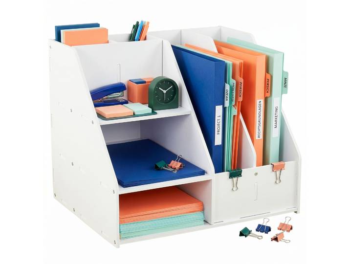 Relaxdays Organiseur De Bureau A4\, 7 Compartiments\, Blanc\, Pour Télétravail\, École\, Stylos\, Dossiers