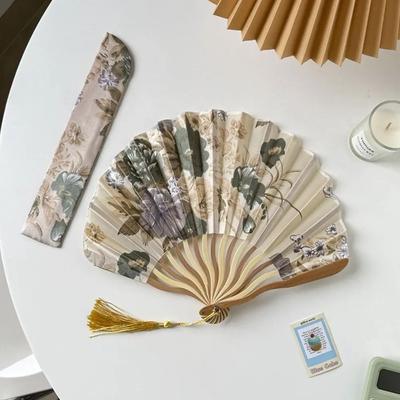 Inspire Essentials Chinese Style Folding Hand Fan Bamboo Silk Dance Fan grey with Fan Sleeve