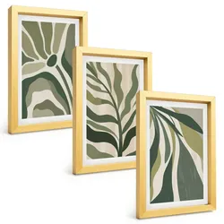 BILDER SET 3er Set - 20x30 cm Goldrahmen - Illustrationen gemalter grüner Blätter