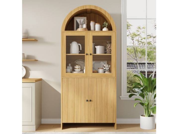 MEUVYX Vitrine haute avec 2 portes vitrées 2 portes pleines et niche ouverte aspect bois naturel 78 × 40 × 176 cm