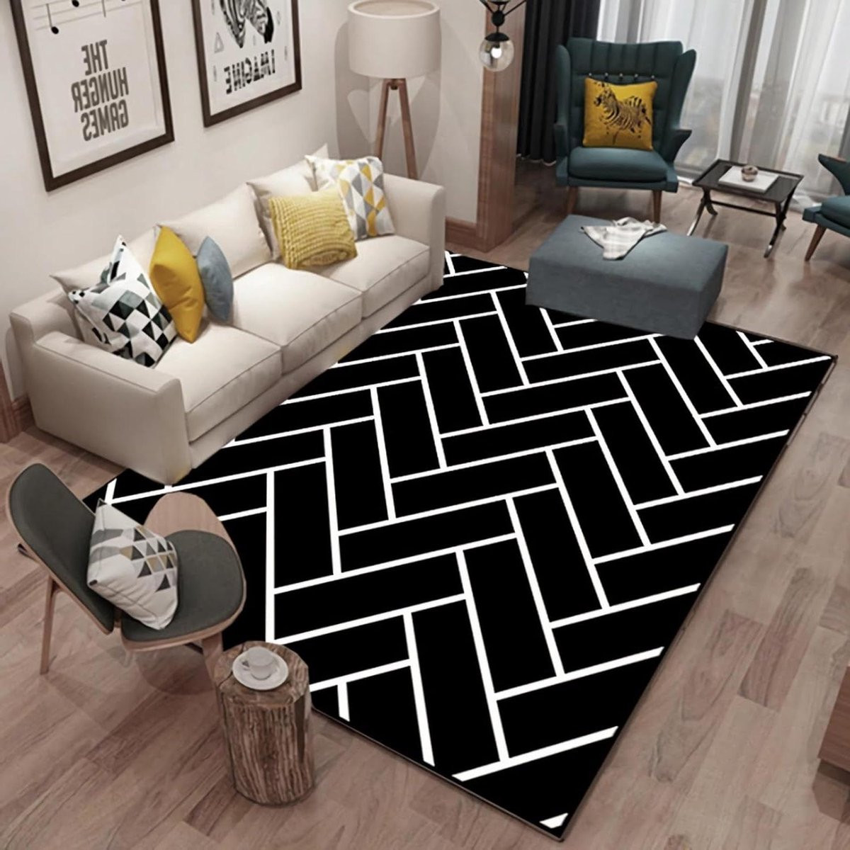 Modern Geometrisch Vloerkleed Zwart Wit - Rechthoekig - Geschikt voor Woonkamer, Slaapkamer of Keuken