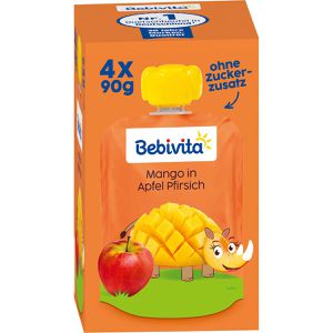 Bebivita Fruchtpüree Mango in Apfel Pfirsch, 100% Frucht, Apfel, Mango & Pfirsich, je 90 g, 4 Stück