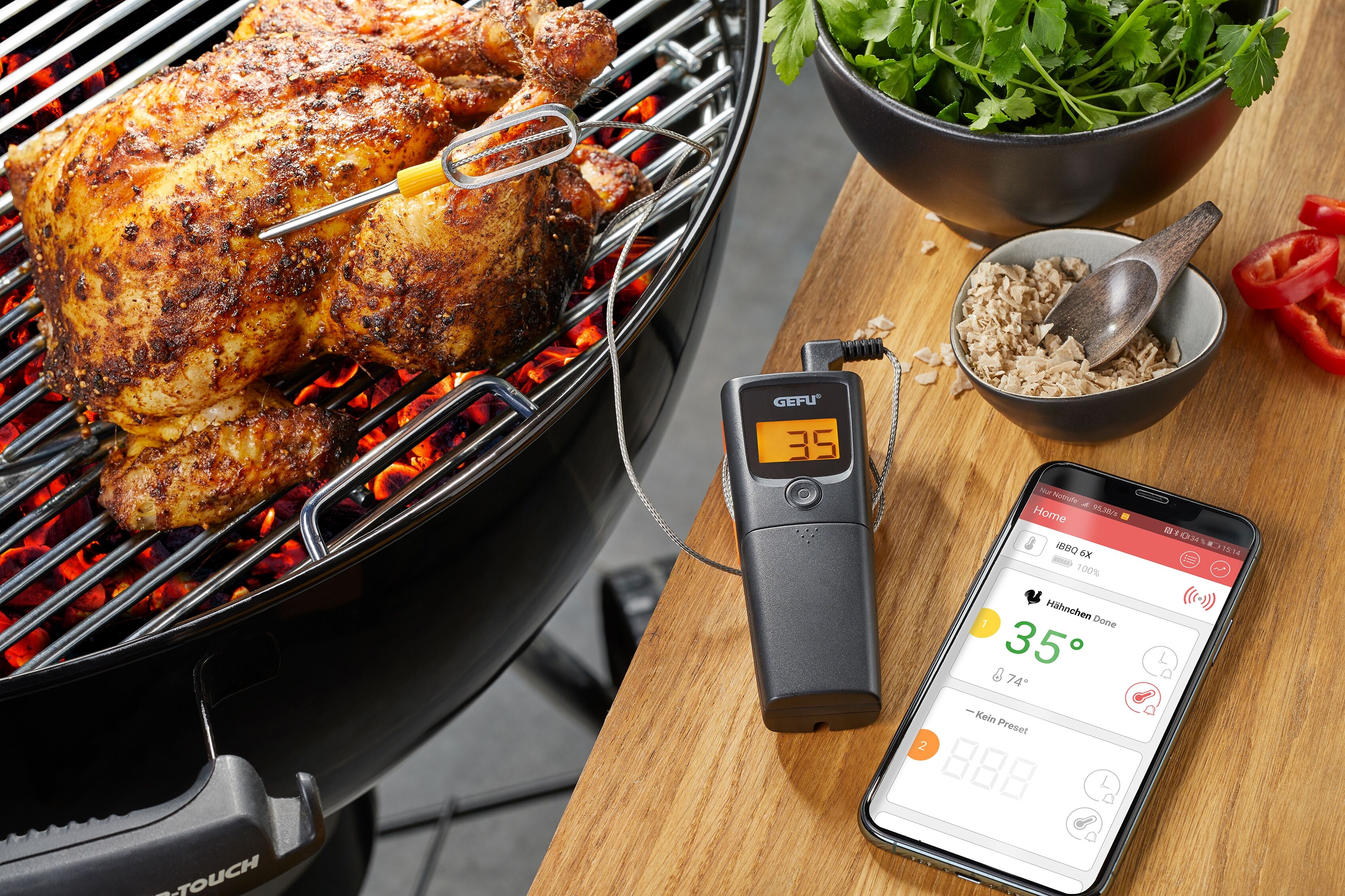 Grillthermometer GEFU "CONTROL", schwarz, B:5cm H:3cm T:24,3cm, Edelstahl, Kunststoff, Temperaturmessgeräte, Grillthermometer, App-gesteuert mit bis zu 30 Meter Reichweite in Echtzeitübertragung