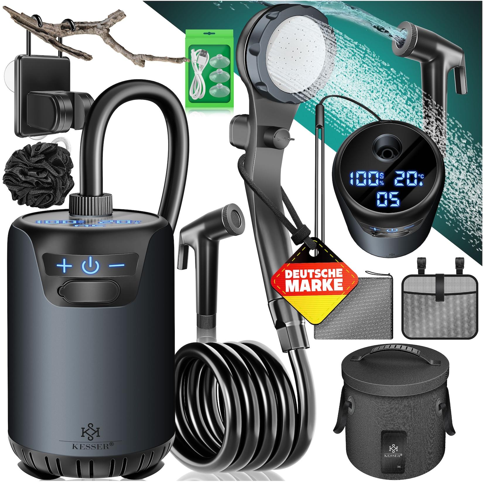 KESSER® Campingdusche Solardusche mit Pumpe & wiederaufladbarem Akku 8000mAh Mobile Dusche Camping Dusche Set inkl. einstellbarem Duschkopf, 2m Schlauch, Sprühpistole & Halterung