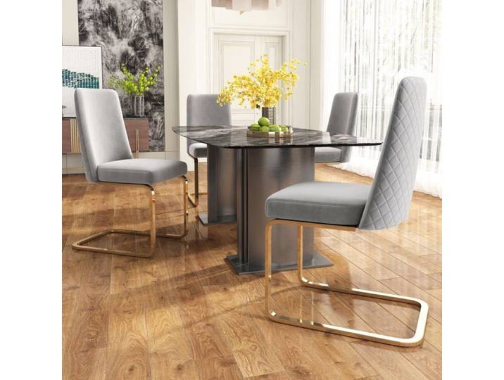 Logidon Velvet Dining Chair Set of 4 Gray Diamond Back Gold Legs