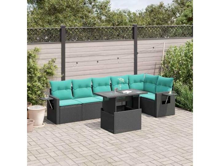 Polyrattan Wetterbeständig verstellbarer Tisch 7 teilig Schwarz 7-teiliges Polyrattan Gartenmöbel Set mit Blauen Kissen, Modulares Sofa für Terrasse Balkon, Verstellbarer Couchtisch,