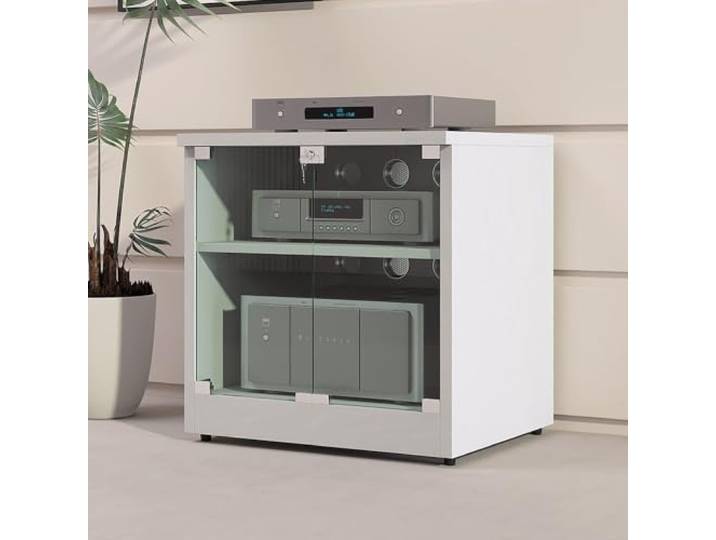 Medien Schrank, AV Stereo Rack mit Verstellbaren Ablagen und Glastüren Verstellbare Ablagen, Glastüren, Kabelmanagement, für CD-Player, Plattenspieler, Stereo-Receiver und Mediengeräte