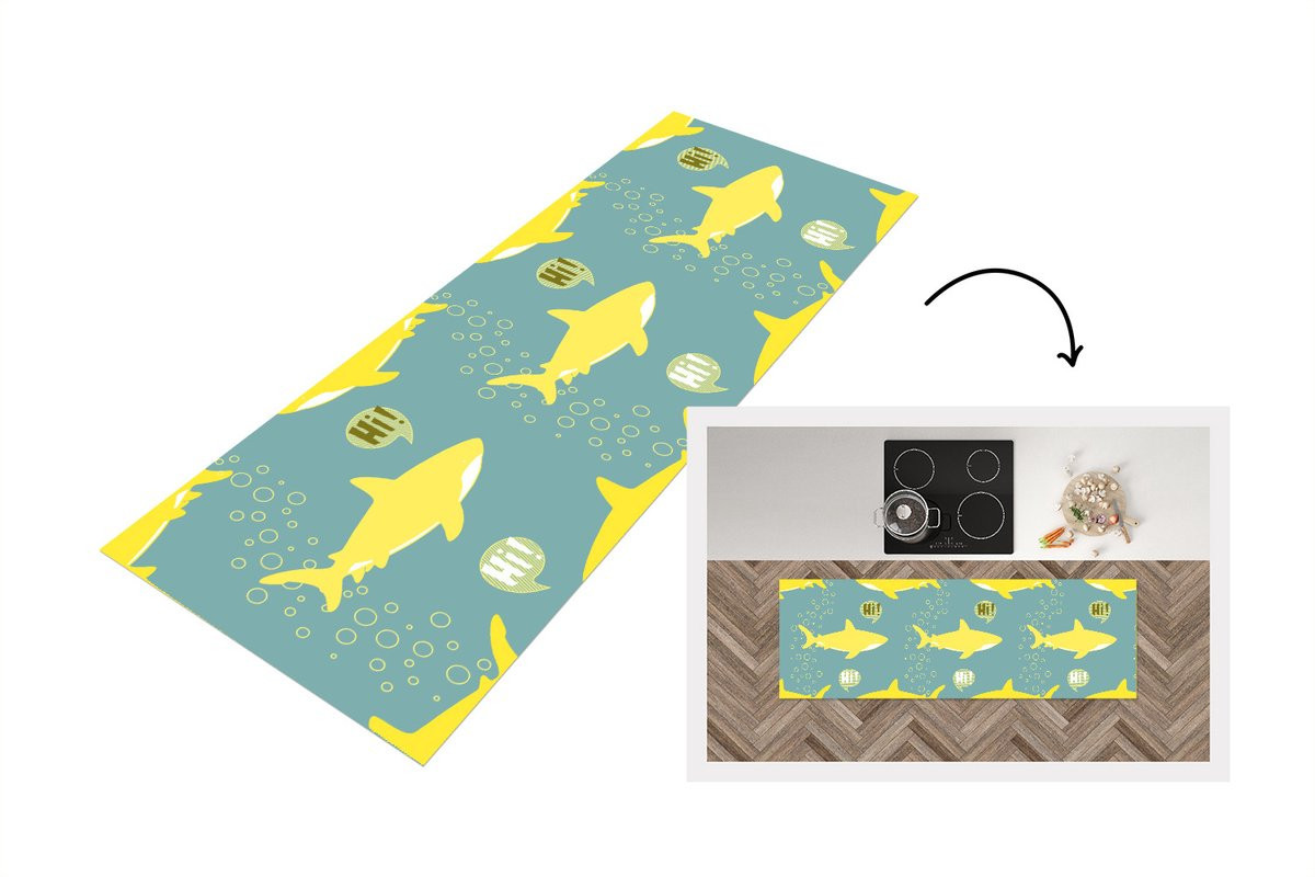 KitchenYeah Keukenloper Haai Cartoon Geel Vinyl 150 x 50 cm