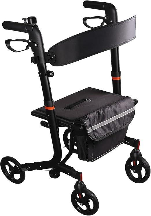 Rollator Comfort Plus, leicht & klappbar mit LED, Tasche, Stock- & Becherhalter