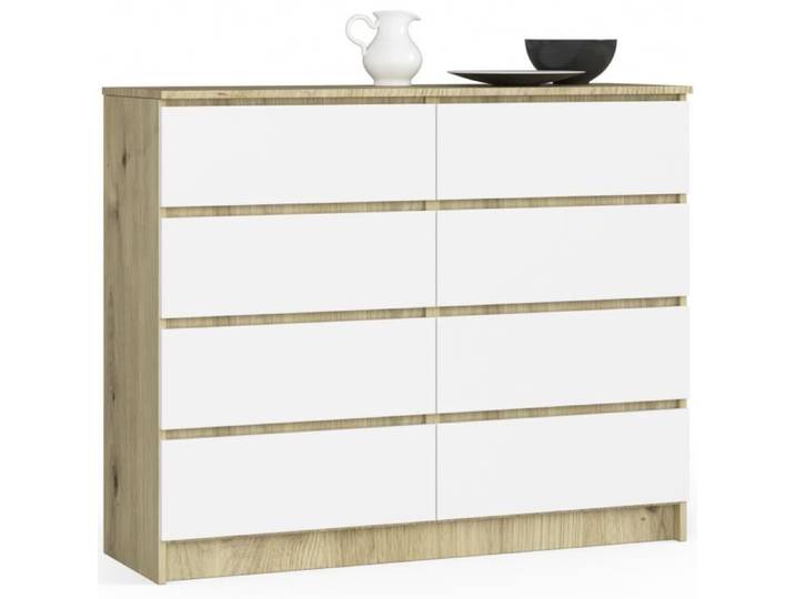 Commode AKORD K120 Chêne Artisan 120 cm 8 tiroirs façade Blanche 120x40x99 cm