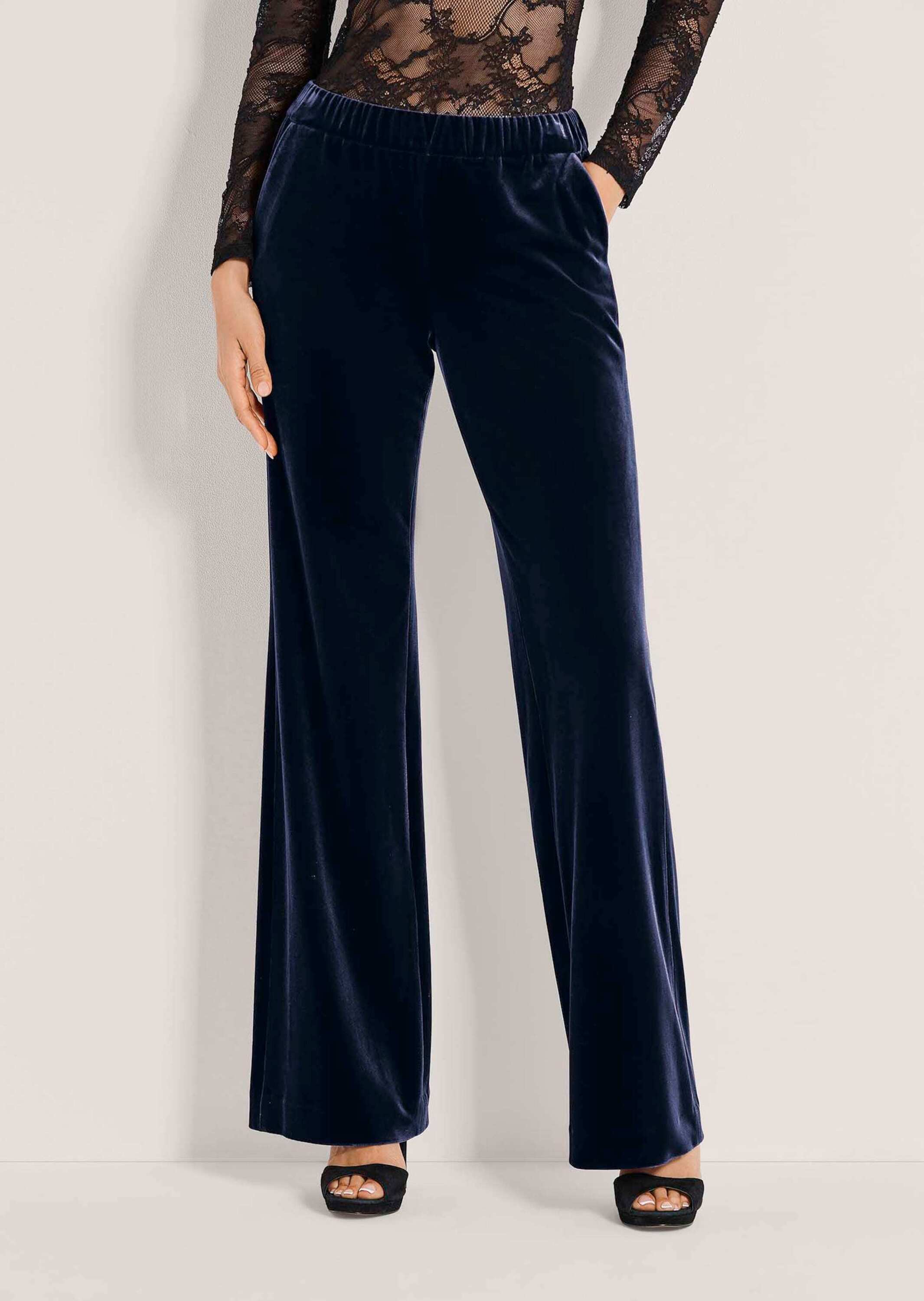 Stoffhose MADELEINE "Samthose Weite Samthose mit elastischem Bund", Damen, Gr. 34, N-Gr, blau (nachtblau), Obermaterial: 90% Polyester PES. 10% Elasthan EL., Modern, Hosen Stoffhose