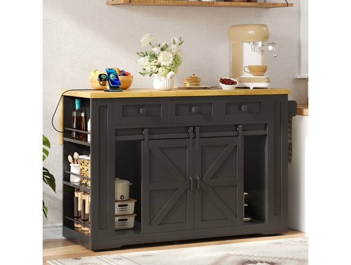 MODFU Kücheninsel Arbeitswagen Küche 130 × 50 (80) × 87 cm mit Erweiterung, (Aufbewahrungswagen mit Ablageregal für Esszimmer und Küche), Mobile Küchenmöbel mit Türen und Stromanschluss für Nutzung