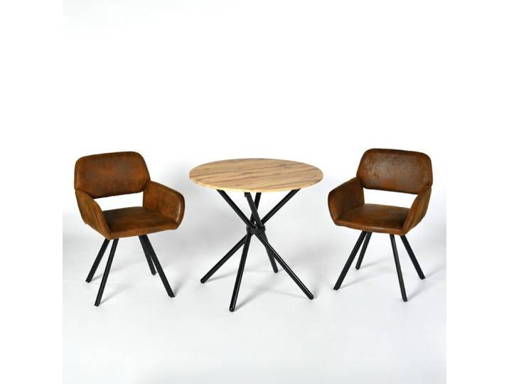 URBAN MEUBLE Ensemble Table Vintage Bois Ronde - 2 Chaises Tournantes 360° Cuir Simulé Design Rustique Cuisine Salon