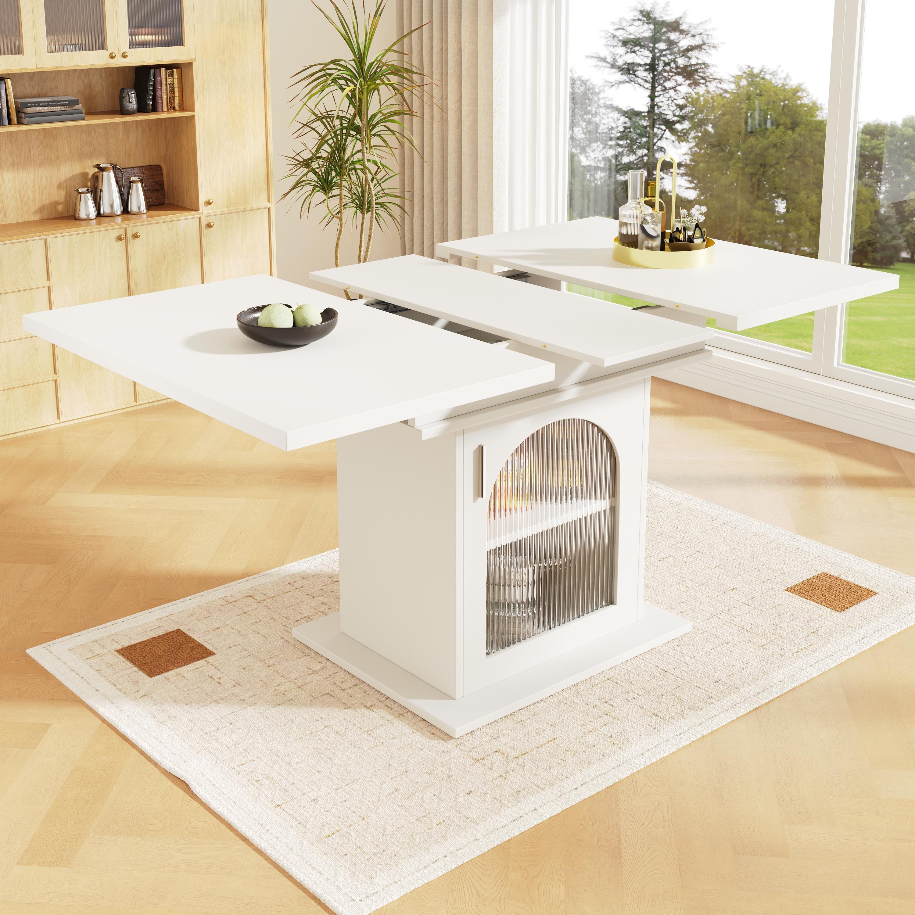Fortuna Lai Esstisch Teleskoptisch(140×80cm), Ausziehbarer Esstisch mit Ablagefläche,platzsparender Küchentisch,Esstisch mit drei Ablageebenen,Ausziehbarer Esstisch,für Küche und Wohnzimmer,weiße