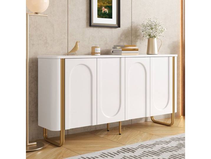 MEUBLIV Buffet bas blanc et doré 160 cm 4 portes Push-to-Open MDF et pieds métal