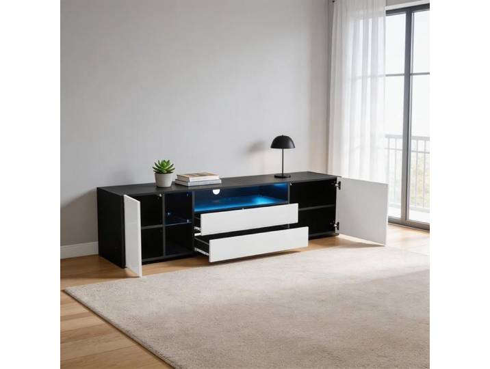 Meuble TV - N625P294883Z - Laqué brillant - LED contrôlable par application - 180x40x45 cm pour TV 75 pouces