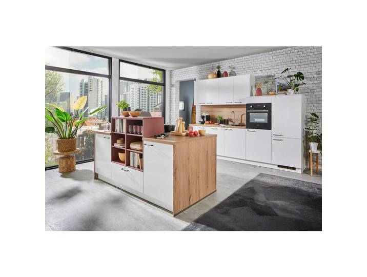 Welnova Küchenleerblock, Rot, Weiß, Eiche, 300 cm, Made in Germany, in den Filialen seitenverkehrt erhältlich, Küchen, Küchenzeilen & Küchenblöcke, Küchenzeilen ohne Geräte