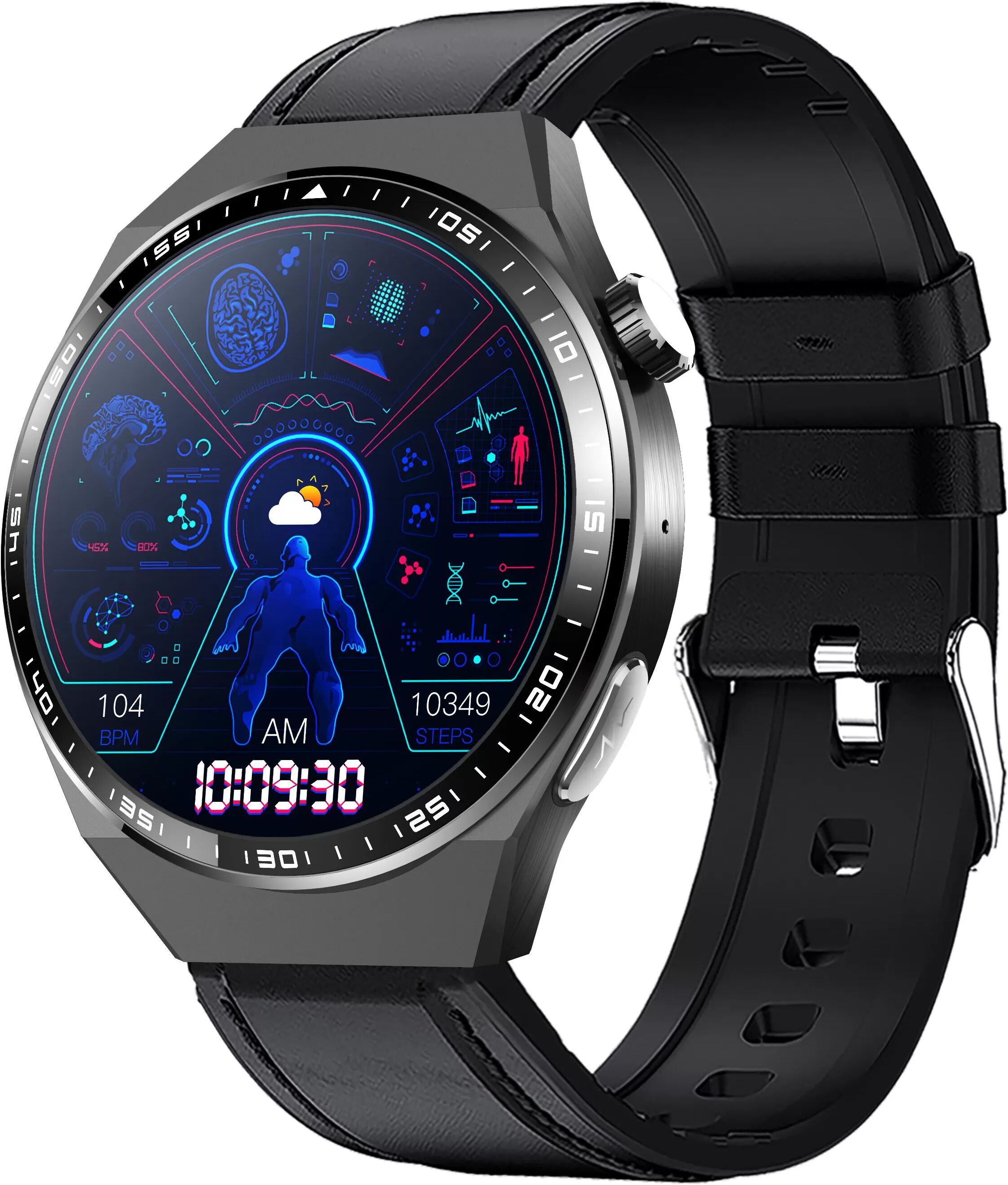INF Montre connectée avec ECG, analyse de la composition corporelle, analyse de la composition sanguine (acide urique, lipides Bracelet en cuir noir