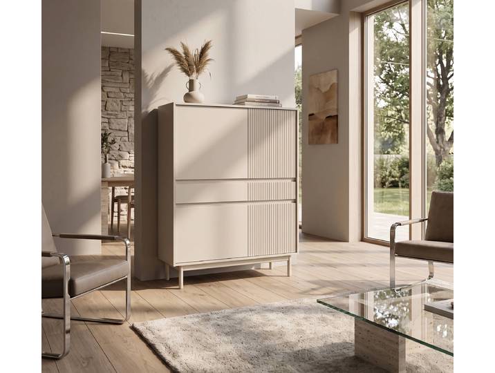 Massives Highboard 102 x 136 x 42cm Beige/Kaschmir