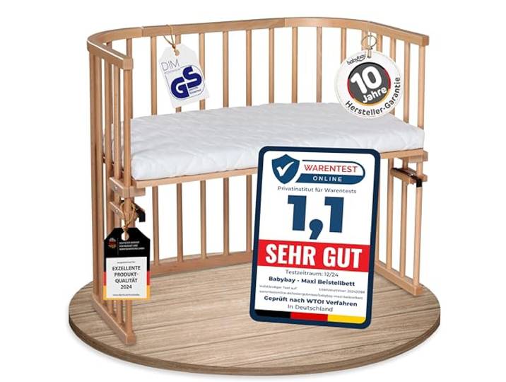 babybay Maxi Beistellbett, GS-geprüft, Natur lackiert, mit Matratze Extra große Liegefläche, massive Buche, stufenlos höhenverstellbar, am Elternbett befestigt & mitwachsend