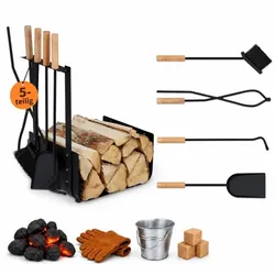 Relaxdays Kaminholzkorb Metall mit Kaminbesteck Hellbraun,Schwarz
