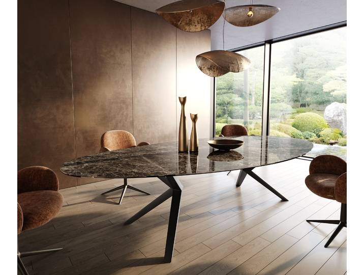 Esstisch Edge Oval 315x150 Keramik Emperador Extra Lucidato Dunkelbraun Zenthara kantig Metall Schwarz, Esstische