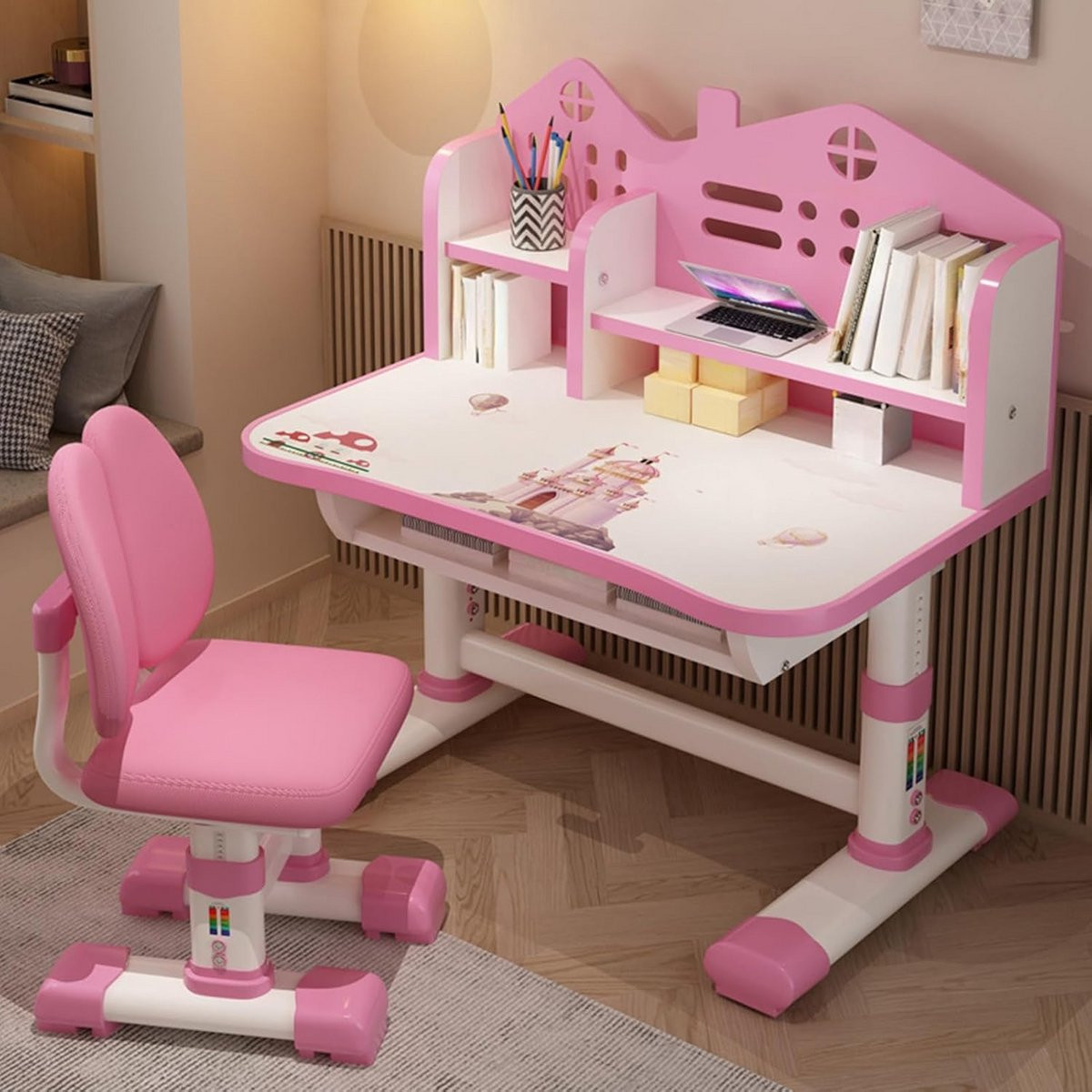 In hoogte verstelbare kinderbureau set met stoel in het roze