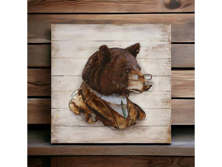 Tableau Relief Mr Ours en Bois et Métal