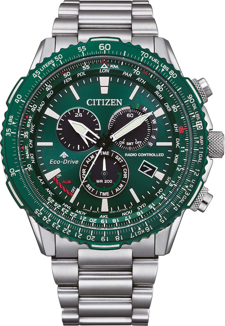 Funkchronograph CITIZEN "Promaster Sky", silber (silberfarben, dunkelgrün, dunkelgrün), Armbanduhren, Herren, silberfarben, Funkchronograph, Armbanduhr, Herrenuhr, Solar, Stoppfunktion, bis 20 bar wasserdicht