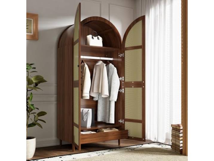 Elaimoros Moderner Kleiderschrank mit gebogenen Türen，Walnuss Großzügiger Stauraum , Mit Kleiderstange und Schubladen ,Geeignet für Schlafzimmer und Eingangsbereiche