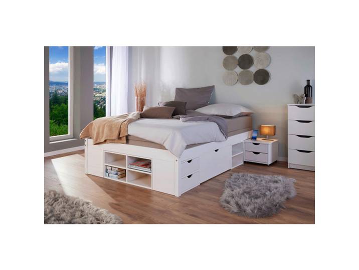 Bett Xavier 140x200cm mit Stauraum - weiß gewaschen, modernes Design, stabil, komfortabler Lattenrost, hohe Schlafqualität