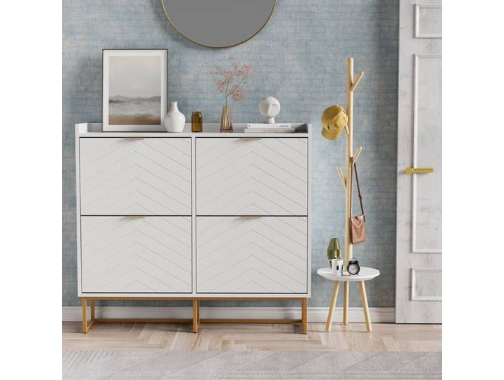 GOOBUY Armoire à Chaussure Inclinable 4 Compartiments Étagère Réglable à 2 Positions Motif en Ligne 100x24x91cm Blanc