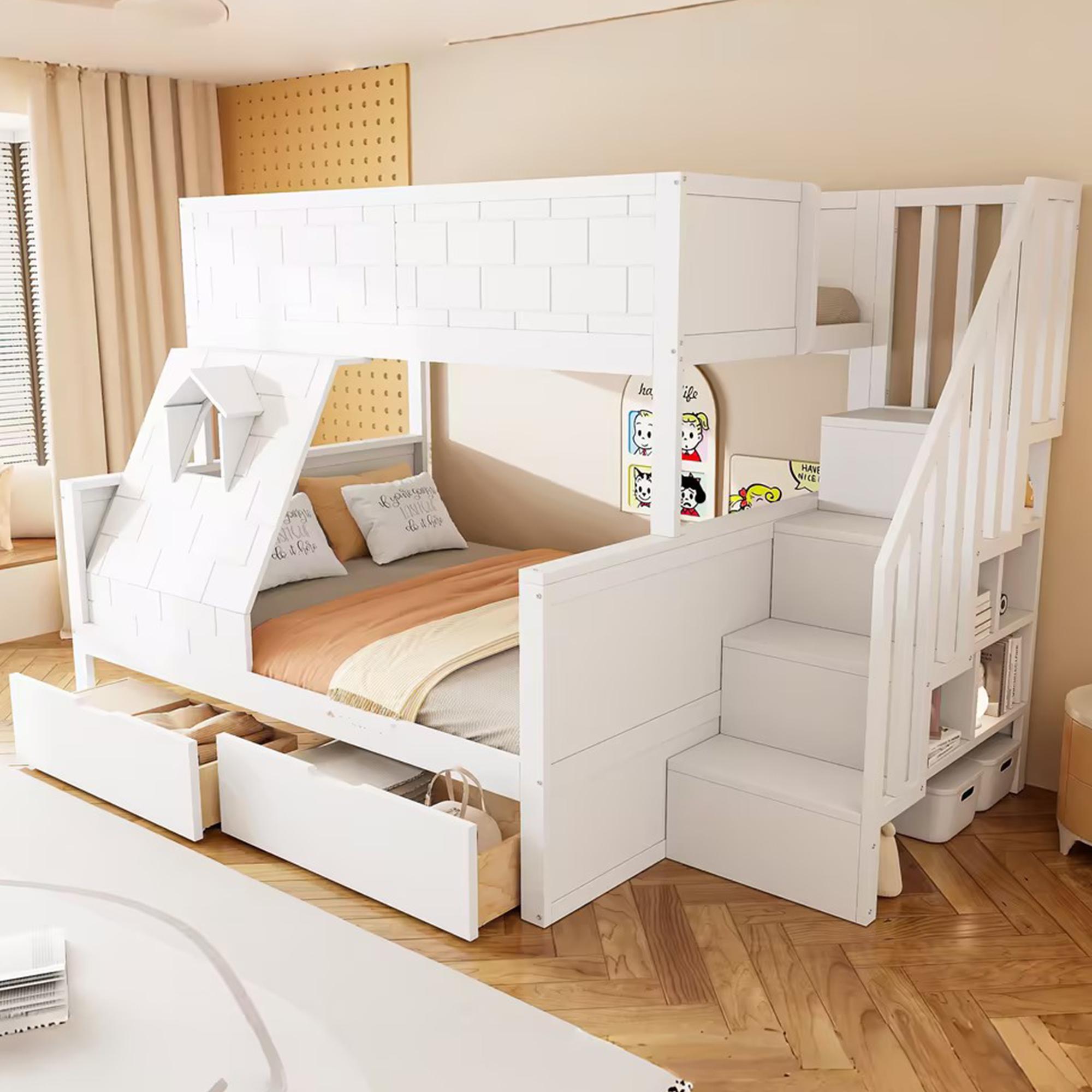 MODFU Etagenbett 90/140x200 mit Stauraumleiter,Kinderbett Schubladen und Fenster,Doppelbett mit Sicherheitsgeländer,ohne Matratze,Weiß