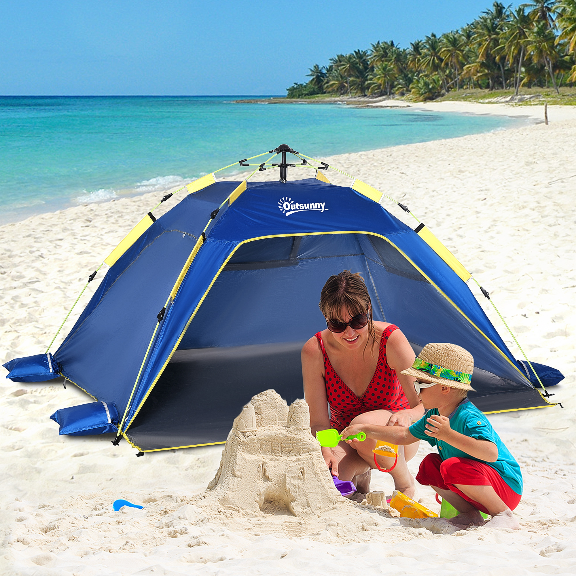 Outsunny Tenda da Spiaggia Pop Up con 2 Finestre Traforate e Porta Richiudibile, 220x173x120cm Blue e Giallo Aosom