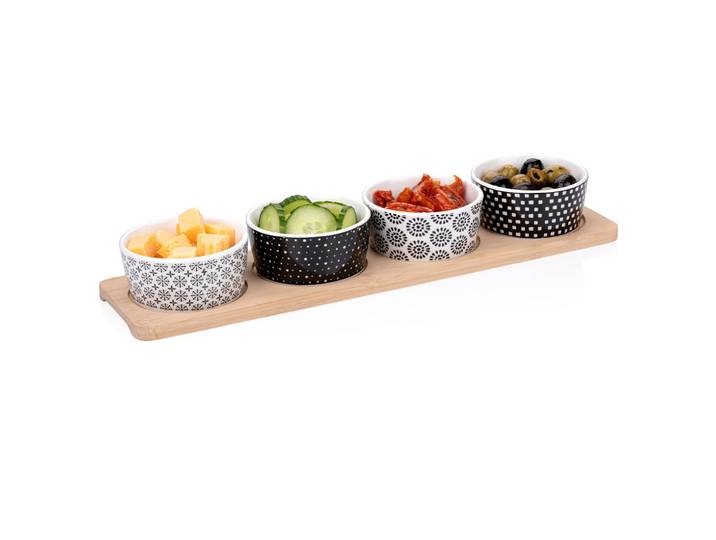 Servier-Set, 4 Schalen auf Holztablett, Porzellan, gemustert, Tapas-Set
