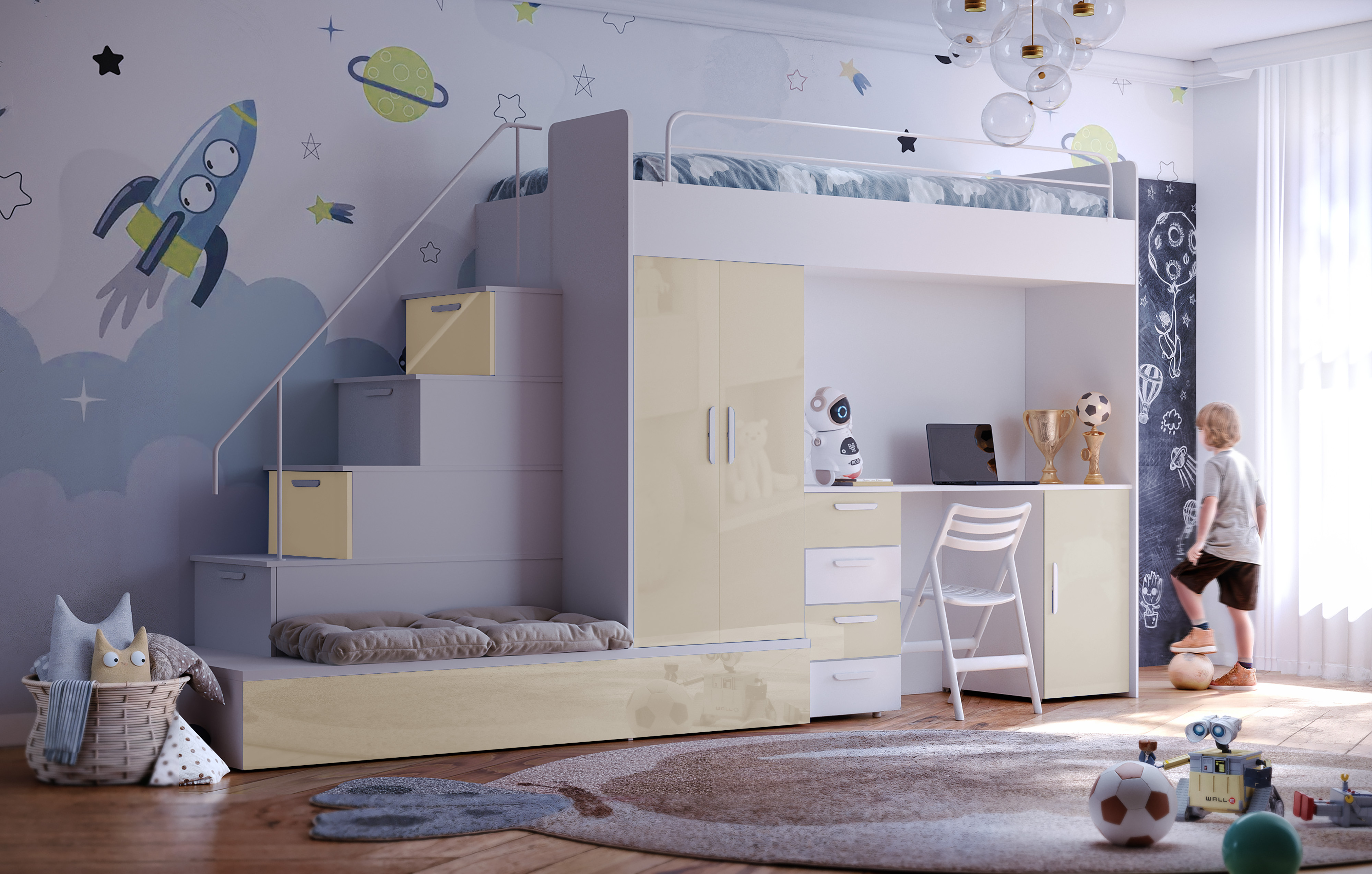 Etagenbett FELIX 5, Hochglanz Kinderbett, Hochbett, MIT Matratze und Lattenrost (Weiß + Beige, Glanz )