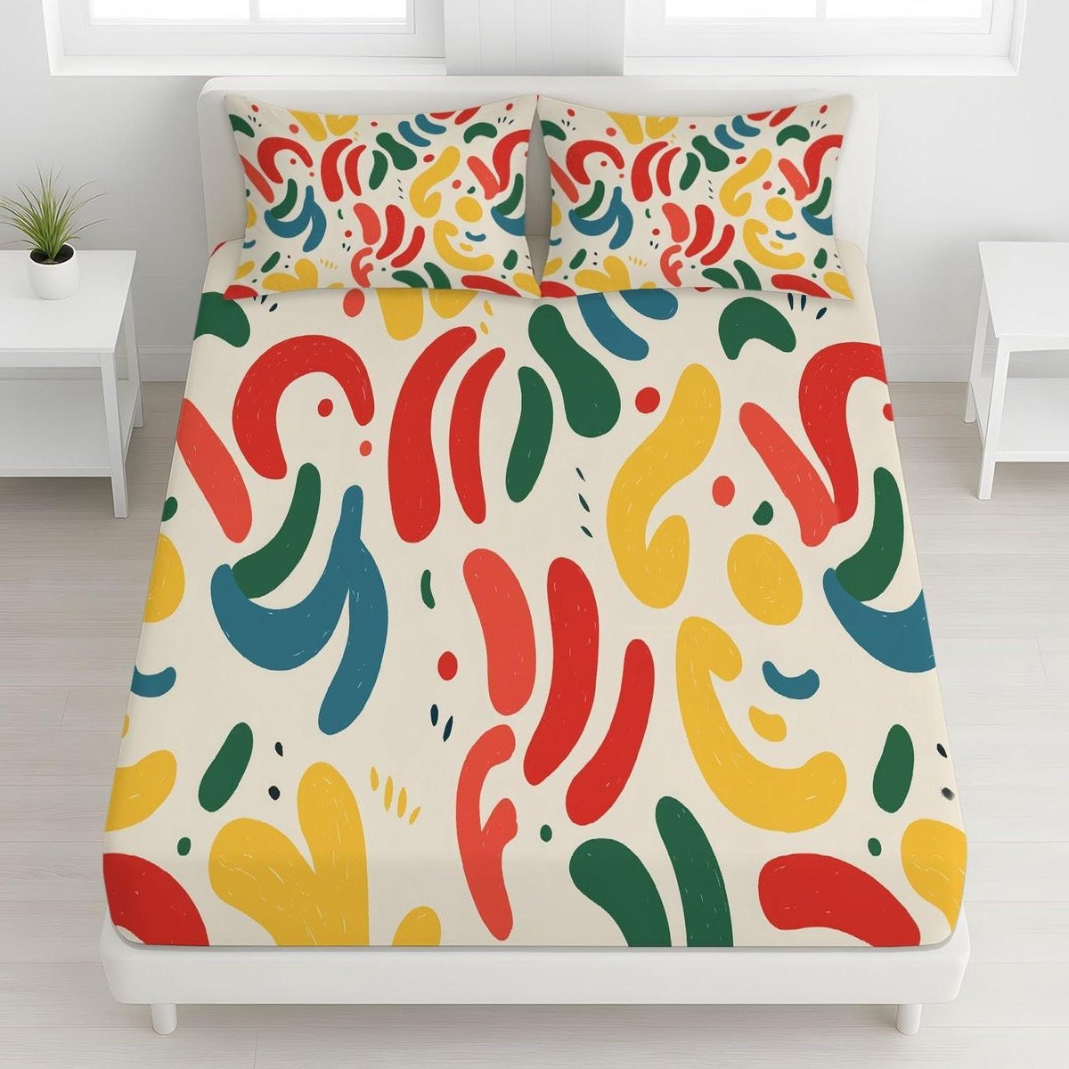 Beige hoeslaken met abstract lijnen patroon voor volwassenen, 160x200 cm